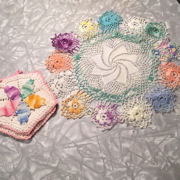 Other - 🔥SALE Small pair handmade vintage decorative kitchen hot pads doilies rainbow